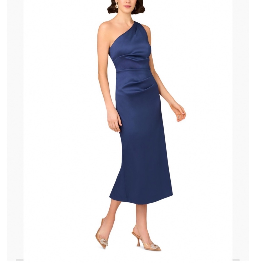 Aidan Mattox Navy Stretch Mikado One Shoulder Midi Dress MD1E209639 Size 2 NEW